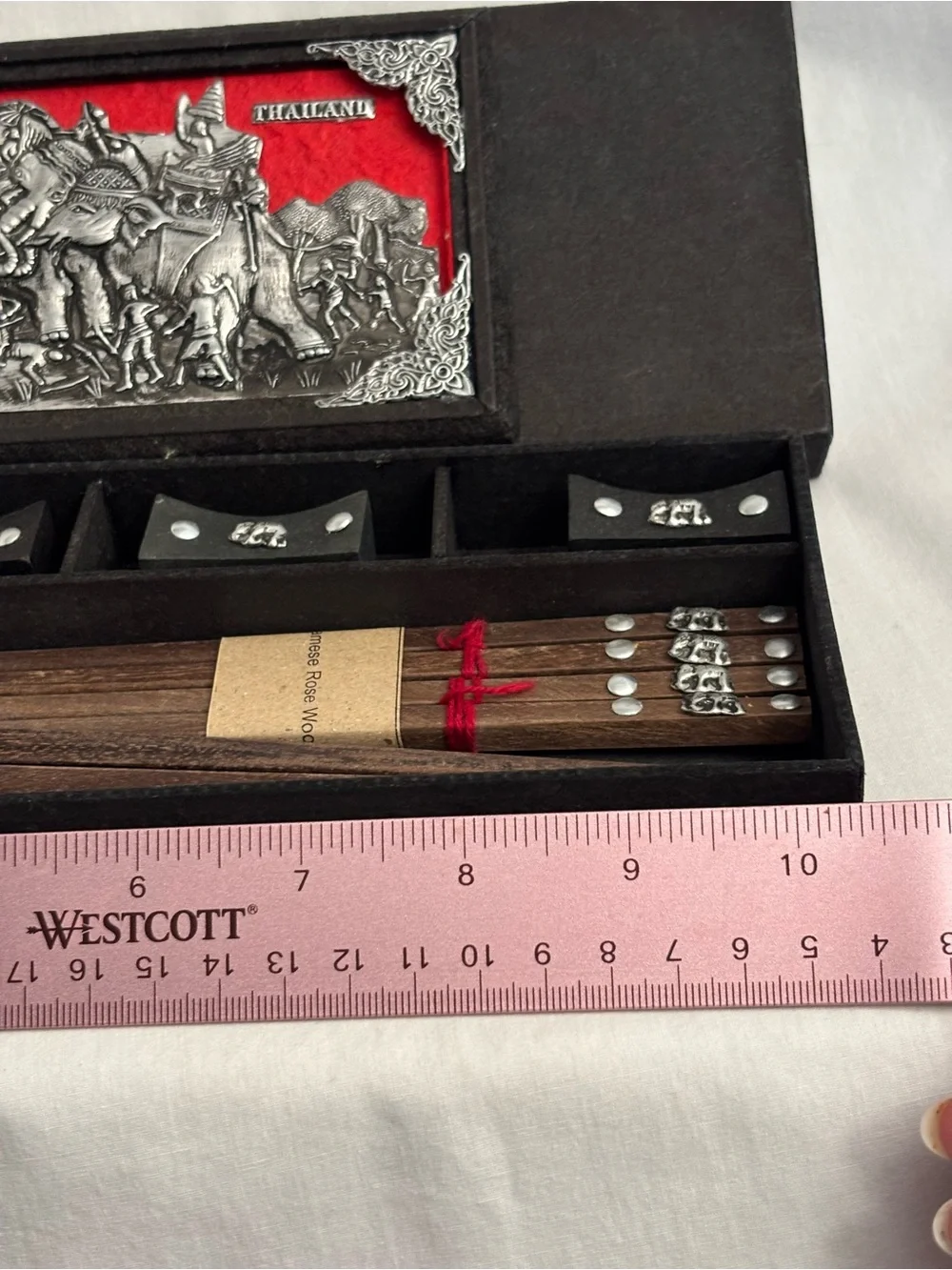 Vintage Thailand Siamese Rosewood Chopsticks & Rests Boxed Souvenir Gift Set